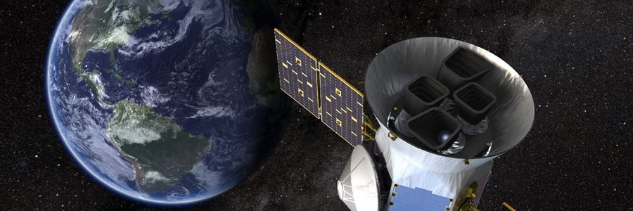 Mock-up image of the TESS satellite flying away from Earth