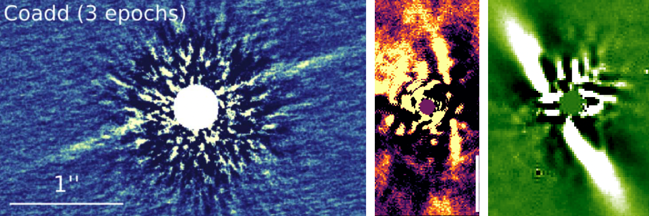 Three panels showing high-contrast images of debris disks